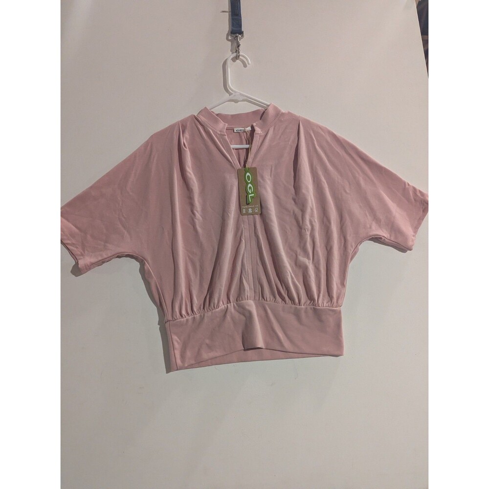 OGL Stand Collar V-Neck Short Sleeve Top Casual Minimal Style Sz Large